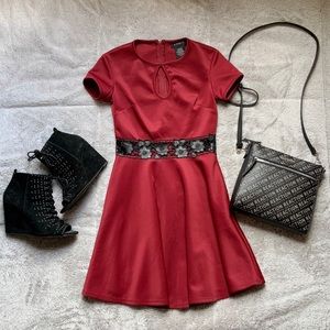 Burgundy Dress with Black Flower Cutouts